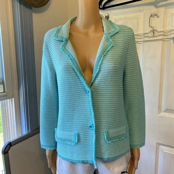 Belford Pima Cotton Textured Fringe 2 Button Blazer Jacket Women M Stretch Cozy - Picture 2 of 10